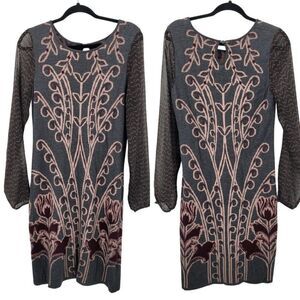 Anthropologie Knitted & Knotted Floral Sweater Dress S Gray Pink Sheer Sleeve
